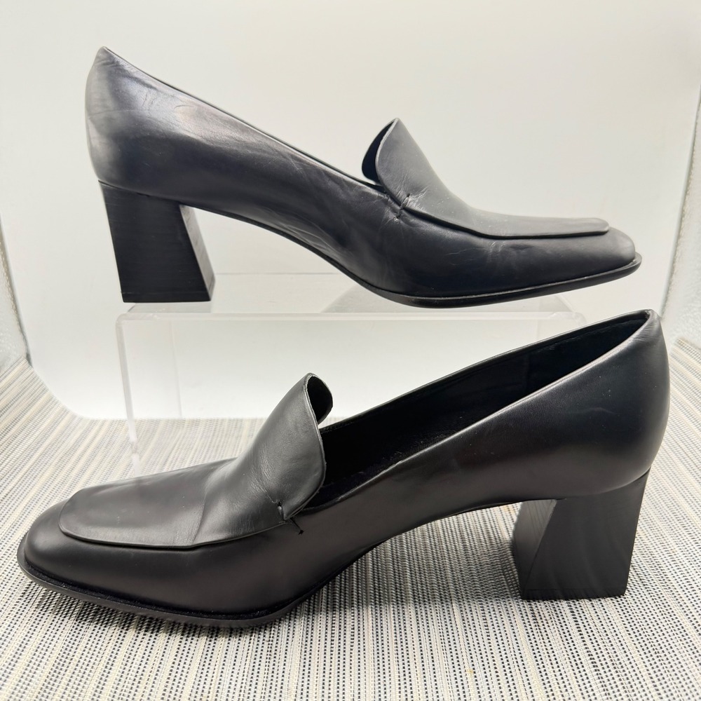 Evan-Picone Black Leather Loafers Size 8.5M Square Toe Block Heel Made in Spain - Picture 3 of 9